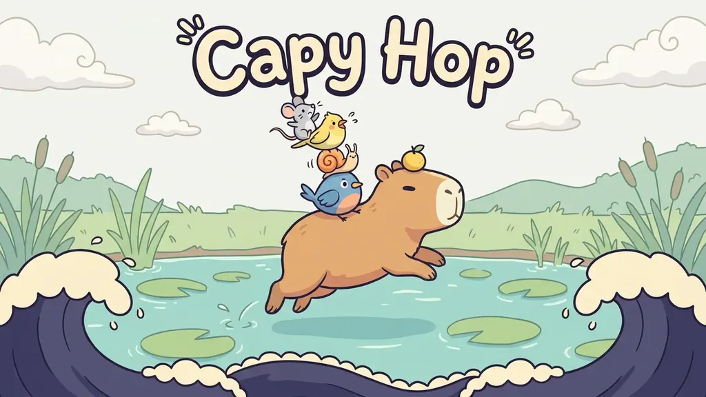 Capy Hop cover: a capybara leaps over lily pads with a bird, a mouse and a snail riding on its back as a wave curls behind.
