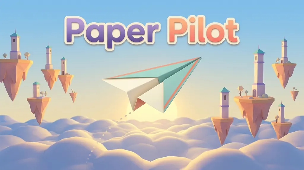 Paper Pilot cover: a teal and cream paper plane glides over a sea of clouds between floating towers.