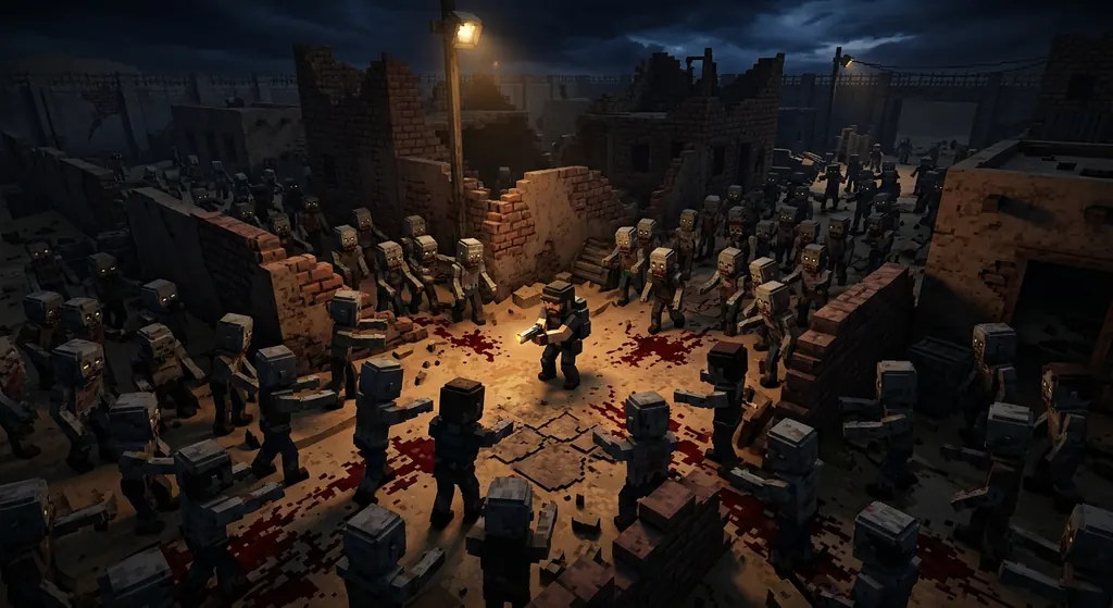 A lone survivor with a flashlight stands in a ruined street, surrounded by a horde of blocky zombies at night.