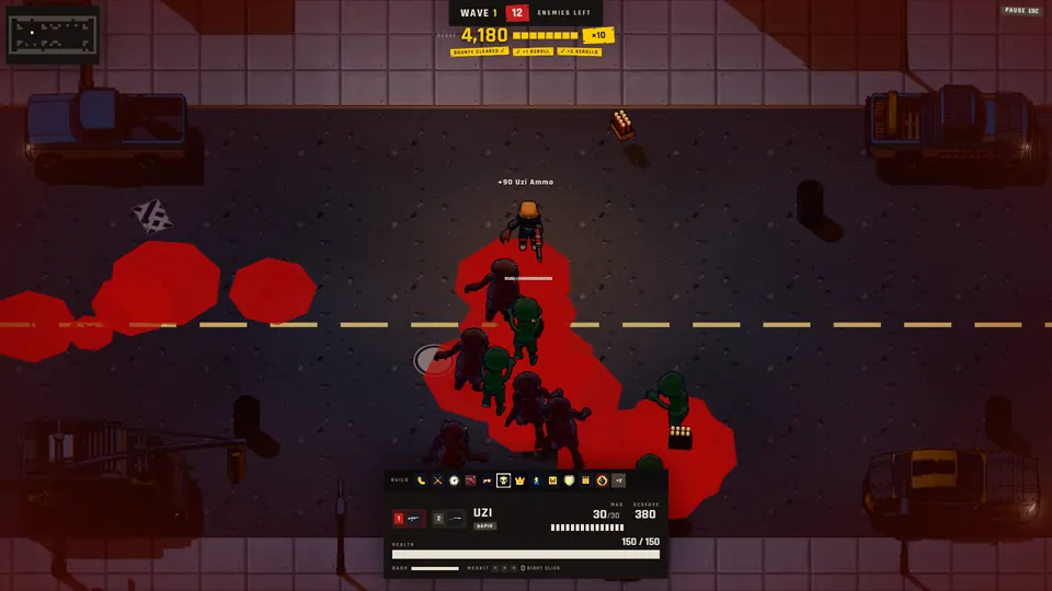Top-down gameplay: a survivor fires down a night street as zombies close in over pools of blood, with the weapon HUD at the bottom.